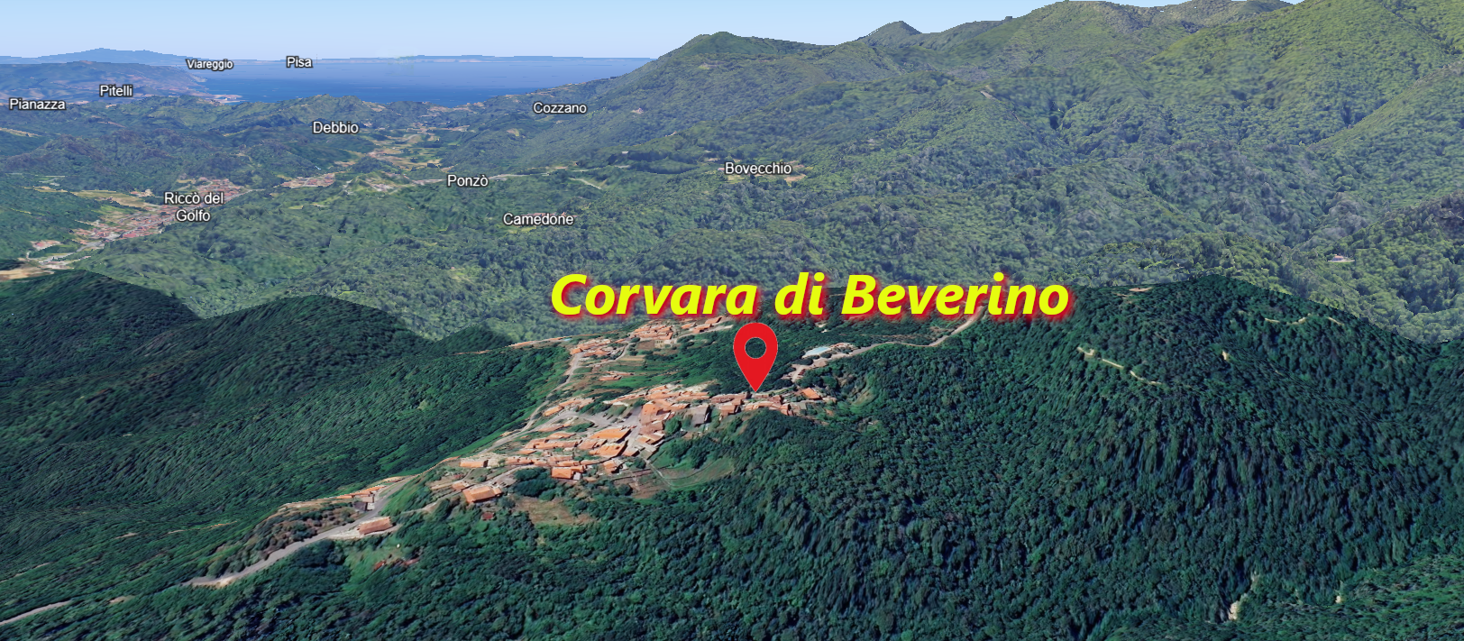 Il borgo di Corvara visto dal basso con il castello